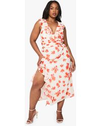 Boohoo - Plus Floral Chiffon Ruffle Wrap Dress - Lyst