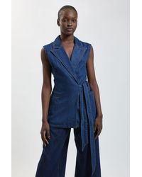 Karen Millen - Denim Tie Pleated Waistcoat - Lyst