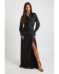 Boohoo - Satin Drape Waist Long Sleeve Maxi Shirt Dress - Lyst