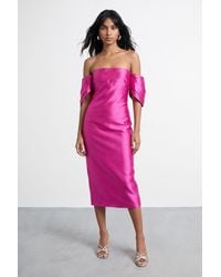 Warehouse - Petite Structured Puff Sleeve Bardot Midi Dress - Lyst