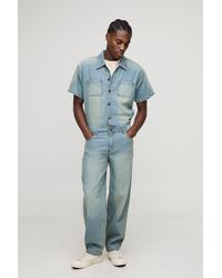 BoohooMAN - Short Sleeve Relaxed Washed Denim Boilersuit - Lyst