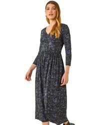 Roman - Floral Print Ruched Stretch Midi Dress - Lyst