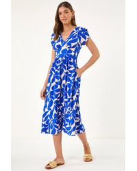 Roman - Leaf Print V-Neck Midi Dress - Lyst