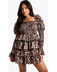 Boohoo - Petite Shirred Leopard Shirred Tiered Ruffle Skater Dress - Lyst