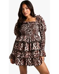 Boohoo - Petite Shirred Leopard Shirred Tiered Ruffle Skater Dress - Lyst