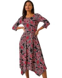 Roman - Leaf Print Hanky Hem Stretch Midi Dress - Lyst