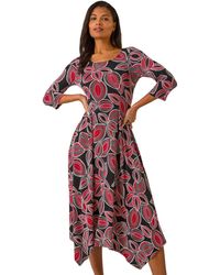 Roman - Leaf Print Hanky Hem Stretch Midi Dress - Lyst