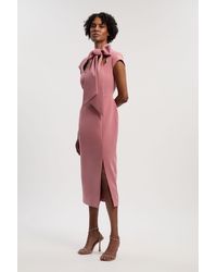 Karen Millen - Compact Stretch Bow Tie Neck Tailored Pencil Midi Dress - Lyst