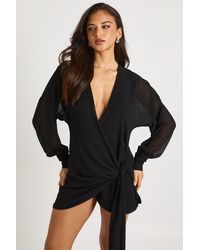 Boohoo - Long Sleeve Wrap Mini Dress - Lyst