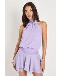 Boohoo - Textured Chiffon Ruched Waist Halterneck Mini Dress - Lyst