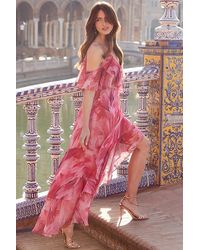 Sosandar - Floral Print Cold Shoulder Ruffle Maxi Dress - Lyst