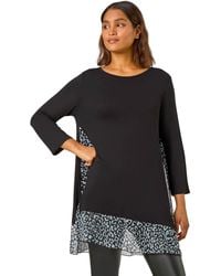 Roman - Animal Print Contrast Mesh Hem Stretch Top - Lyst