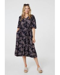 Izabel London - Printed 3/4 Sleeve Shirred Midi Dress - Lyst
