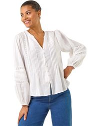 Roman - Pleated V-Neck Cotton Blouse - Lyst