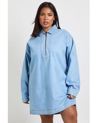 Boohoo - Plus Denim Zip Up Shift Dress - Lyst