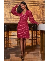 Sosandar - Raspberry & Metallic Spot Print Belted Wrap Dress - Lyst