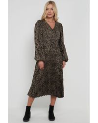 Gini London - Printed Long Puff Sleeve Pleated Midi Dress - Lyst