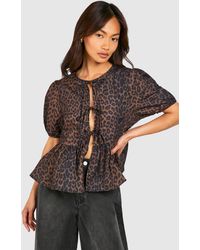 Boohoo - Leopard Puff Sleeve Bow Tie Top - Lyst