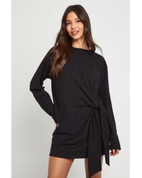 Boohoo - Tie Knot Waist Long Sleeve Mini Dress - Lyst