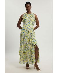 Karen Millen - Petite Crinkle Georgette Ruffle Detail Halter Neck Woven Maxi Dress - Lyst