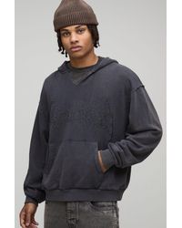 BoohooMAN - Oversized Boxy Exclusive Slogan Gothic V Neck Raw Hem Printed Washed Hoodie - Lyst