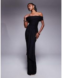 Kaiia - Exclusive Double Layered Slinky Bardot Ruched Skirt Waist Drape Detail Maxi Dress - Lyst