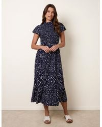 Blue Vanilla - Polka Dot Shirred Frill Neck Midi Dress - Lyst