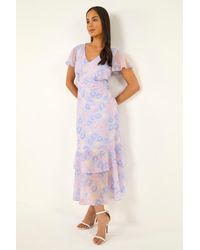 Roman - Petite Floral V-Neck Frill Midi Dress - Lyst