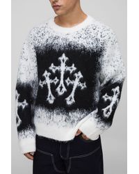 BoohooMAN - Oversized Boxy Fit Cross Jacquard Fluffy Knitted Sweater - Lyst