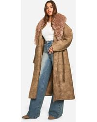 Boohoo - Faux Fur Collar Vintage Look Leather Trench Coat - Lyst