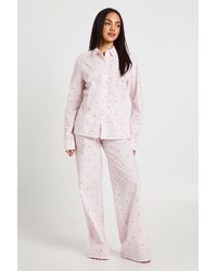 Boohoo - Cotton Poplin Pinstripe Heart Print Long Sleeve Shirt & Trouser Pyjama Set - Lyst
