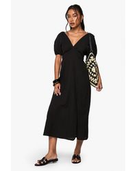 Boohoo - Linen Tie Back Puff Sleeve Midaxi Dress - Lyst