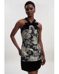 Karen Millen - Velvet And Jacquard Contrast Halterneck Tailored Mini Dress - Lyst