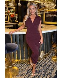AX Paris - Plum Sparkle Wrap Top Ruched Skirt Midi Dress - Lyst
