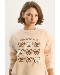 Bianco Lucci - Ribbed Printed Crew Neck Long Sleeve Sweatshirt - Lyst