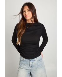 Boohoo - Ribbed Draped Front Long Sleeve Top - Lyst