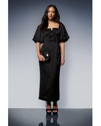 Oasis - Satin Bow Front Puff Sleeve Midi Dress - Lyst
