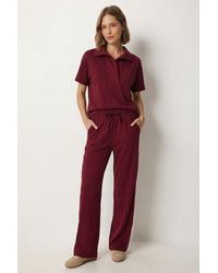 Happiness İstanbul - Polo Collar Blouse & Mid Waist Wide Leg Pants Two-Piece Set - Lyst