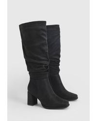 Boohoo - Wide Fit Faux Suede Block Heeled Knee High Boots - Lyst
