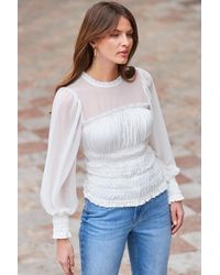 Sosandar - Ivory Shirred Detail Mesh Sleeve Top - Lyst