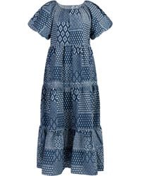 Dreimaster - Maxi-jurk Met Korte Mouwen Dames Donker Marineblauwe Print - Lyst