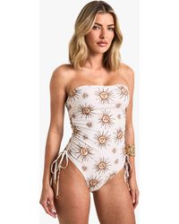Boohoo - Celestial Print Ruched Bandeau Bathing Suit - Lyst