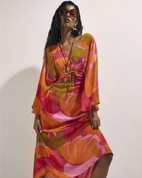 River Island - Kaftan Dress Leaf Print Long Sleeve V-Neck Viscose - Lyst
