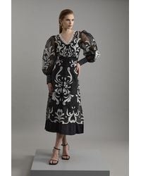 Karen Millen - Petite Applique Organdie Buttoned Woven Midi Dress - Lyst