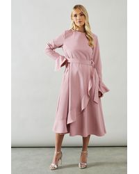 Wallis - Petite Ruffle Front Belted Midi Dress - Lyst