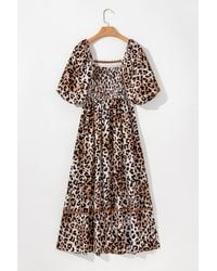 Azura Exchange - Bruin Luipaardprint Bolvormige Mouw Vierkante Hals Maxi-jurk - Lyst