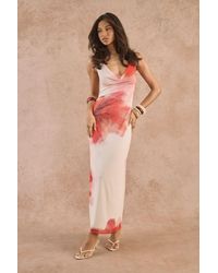 Boohoo - Mesh Floral Print Cowl Maxi Dress - Lyst