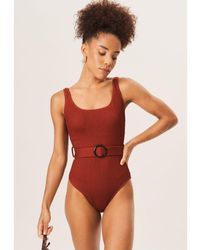 Gini London - Textured Round Neck Belted Swimsuit - Lyst