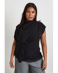Boohoo - Plus Knot Cowl Neck Lace Trim Blouse - Lyst