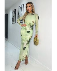 AX Paris - Lime Printed Mesh Overlay Long Sleeve Bodycon Midi Dress - Lyst
